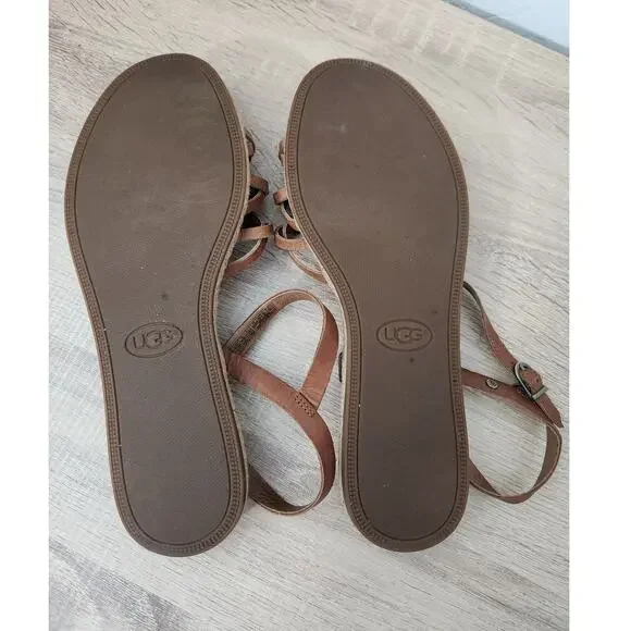 Ugg Larissa Sandals Size 9 Brown Leather Flat Strappy Classic Adjustable Shoes - Picture 8 of 9